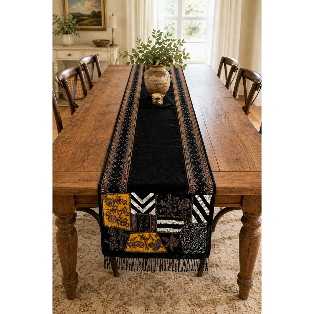 Lam Lee Group Vintage Beaded Velvet Table Runner Black Gold Patchwork‎ 90x17.5